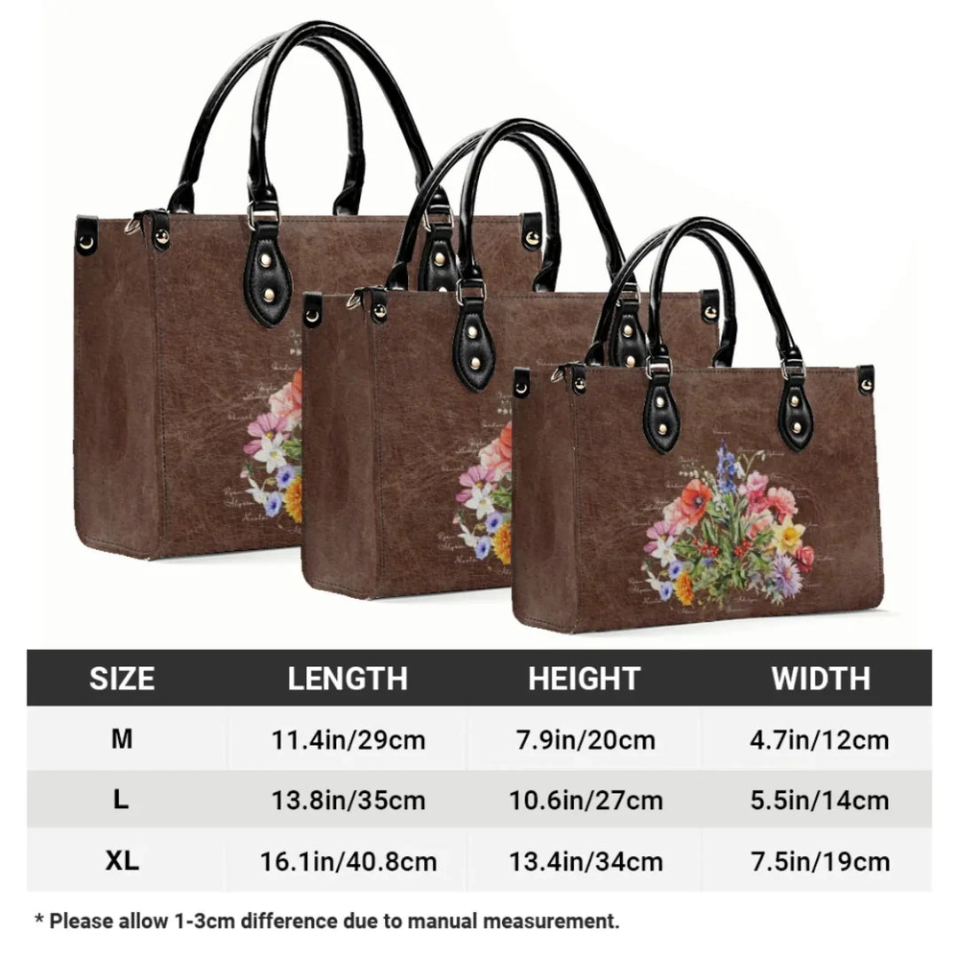 Custom-Birth-Month-Flower-Bouquet-top-grain-Leather-Handbag-size-chart-artfulane