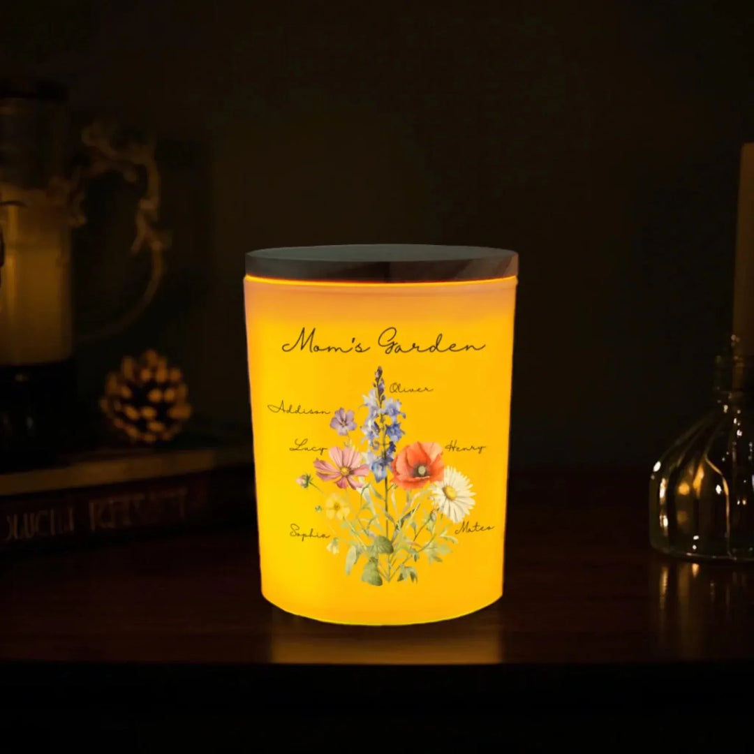 Custom-Birth-Month-Flower-Bouquet-White-Glass-Jar-With-LED-Candle-turned-on-artfulane