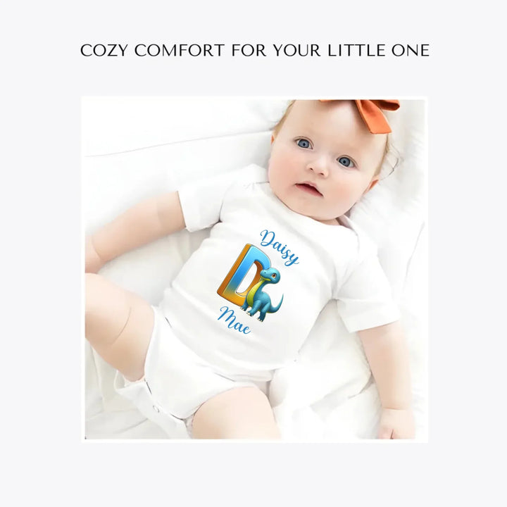 Bright-Dinosaur-Letter-Initial-custom-baby-bodysuit-artfulane