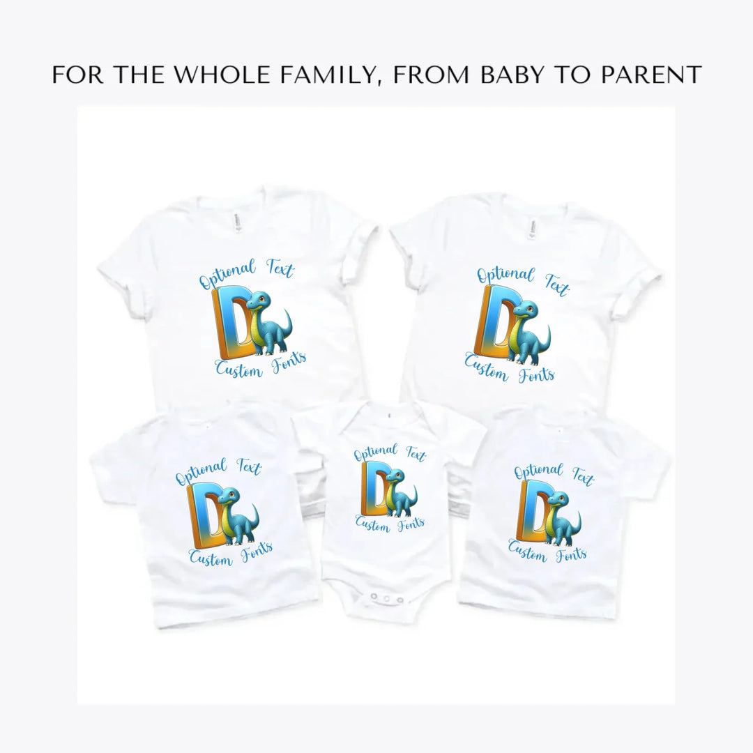 Bright-Dinosaur-Letter-Initial-custom-t-shirts-adult-youth-toddler-baby-sizes-artfulane