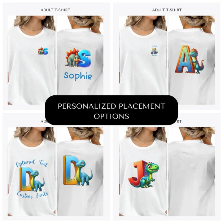 Bright-Dinosaur-Letter-Initial-custom-adult-t-shirt-design-placement-front-back-pocket-artfulane