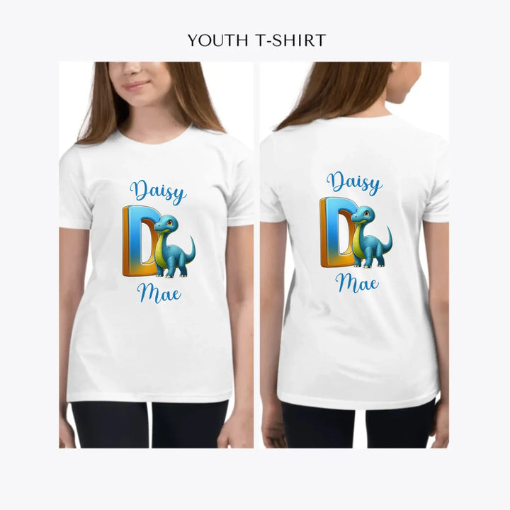 Bright-Dinosaur-Letter-Initial-custom-youth-girl-t-shirt-artfulane