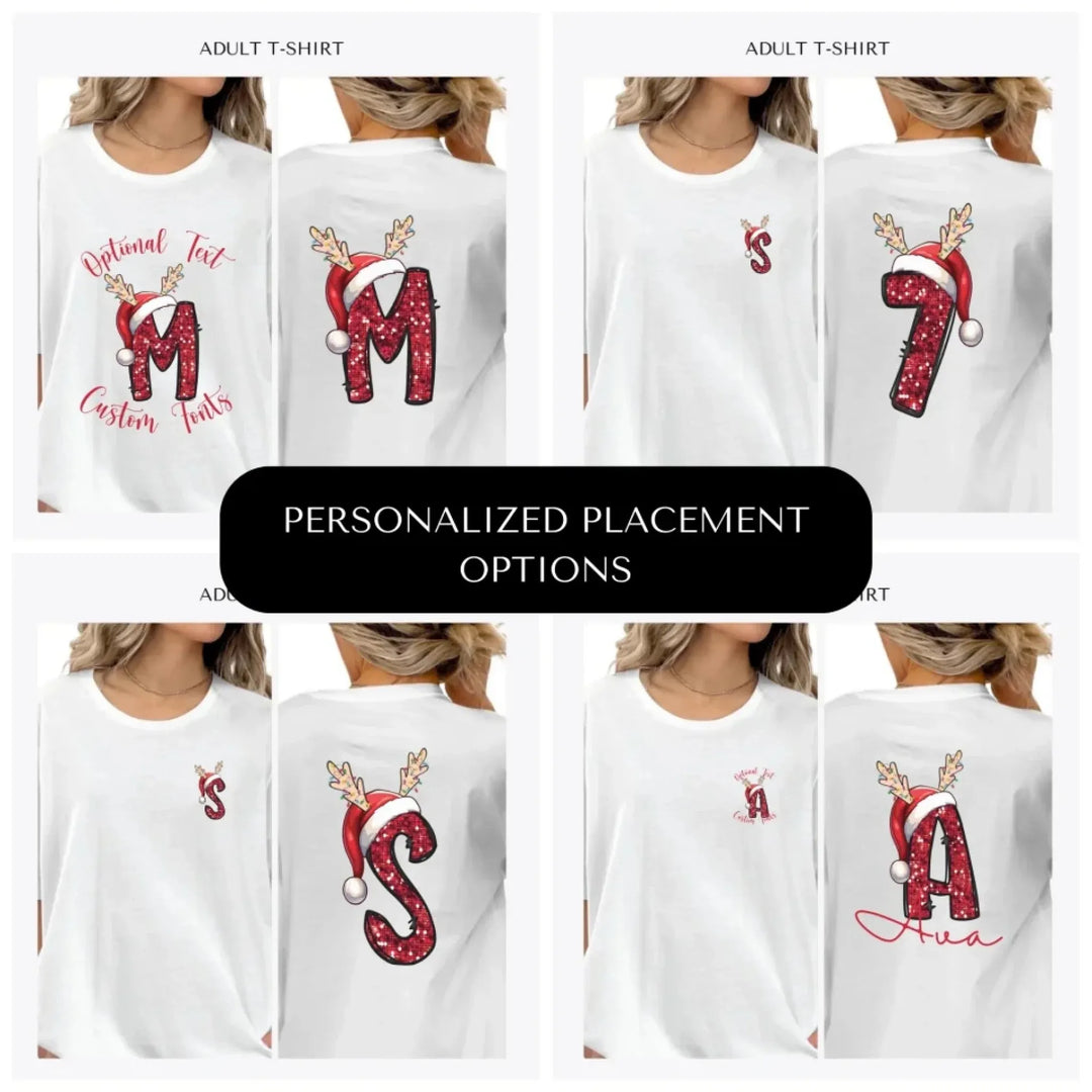 Christmas-Red-Sequin-Letter-Initial-custom-adult-t-shirt-design-placement-front-back-pocket-artfulane