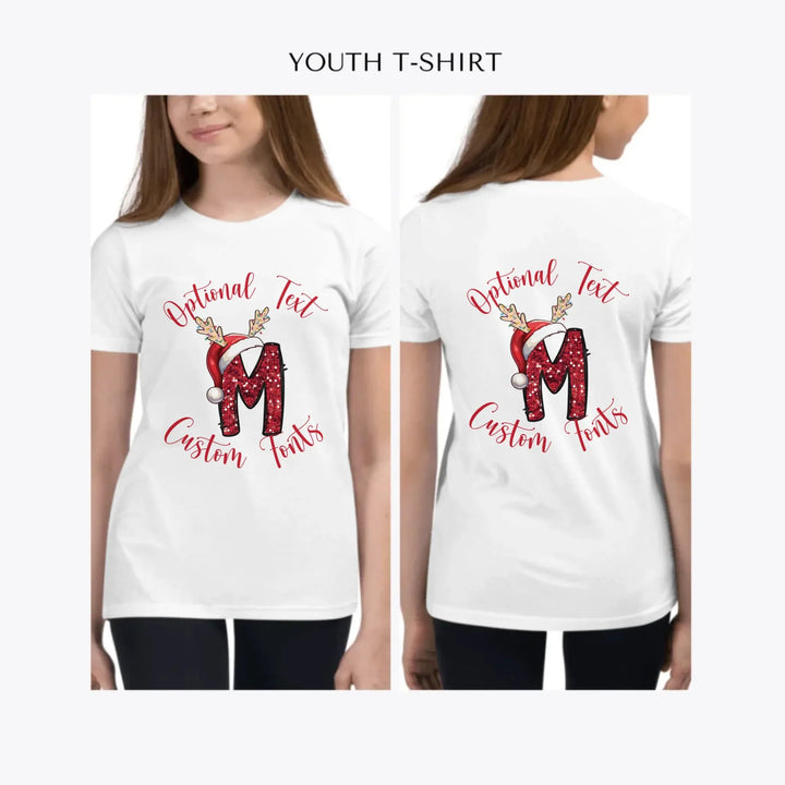 Christmas-Red-Sequin-Letter-Initial-custom-youth-girl-t-shirt-artfulane
