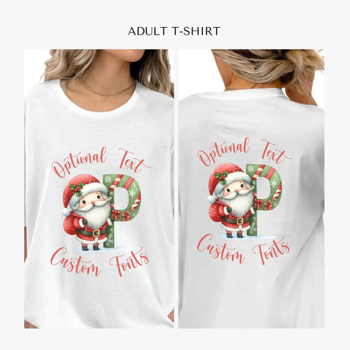 Christmas-Santa-Letter-Initial-personalized-women-unisex-adult-t-shirt-artfulane