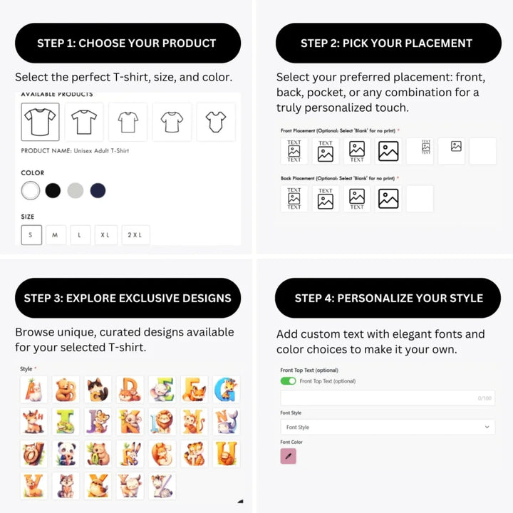 how-to-design-custom-Colorful-Animal-Letter-t-shirt-personalization-options-artfulane