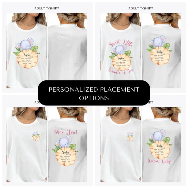 Cute-Elephant-Safari-Baby-Announcement-custom-adult-t-shirt-design-placement-front-back-pocket-artfulane