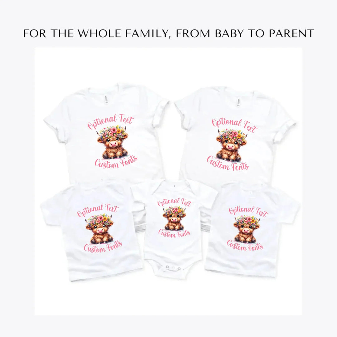 cute-floral-highland-cows-custom-t-shirts-adult-youth-toddler-baby-sizes-artfulane