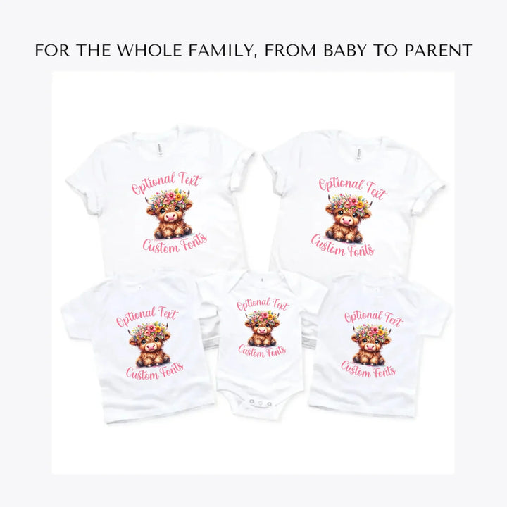 cute-floral-highland-cows-custom-t-shirts-adult-youth-toddler-baby-sizes-artfulane
