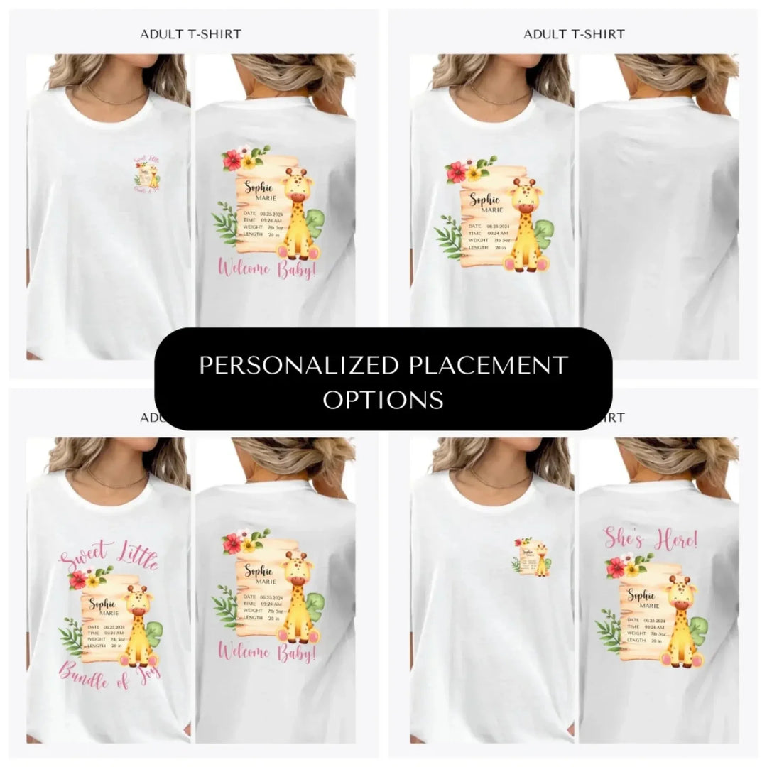 Cute-Giraffe-Safari-Baby-Announcement-custom-adult-t-shirt-design-placement-front-back-pocket-artfulane