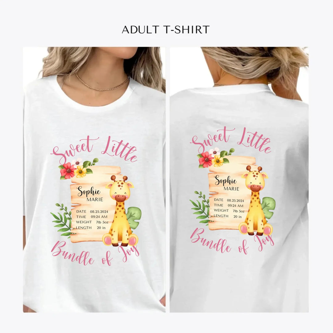 Cute-Giraffe-Safari-Baby-Announcement-personalized-women-unisex-adult-t-shirt-artfulane