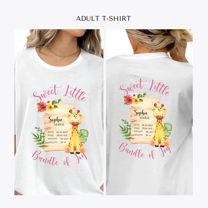 Cute-Giraffe-Safari-Baby-Announcement-personalized-women-unisex-adult-t-shirt-artfulane