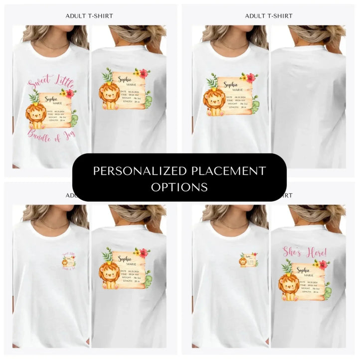 Cute-Lion-Safari-Baby-Announcement- custom-adult-t-shirt-design-placement-front-back-pocket-artfulane