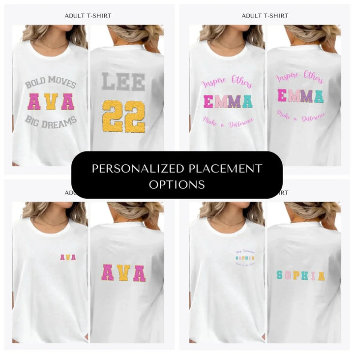 Faux-Chenille-Sport-Letters-Name-custom-adult-t-shirt-design-placement-front-back-pocket-artfulane