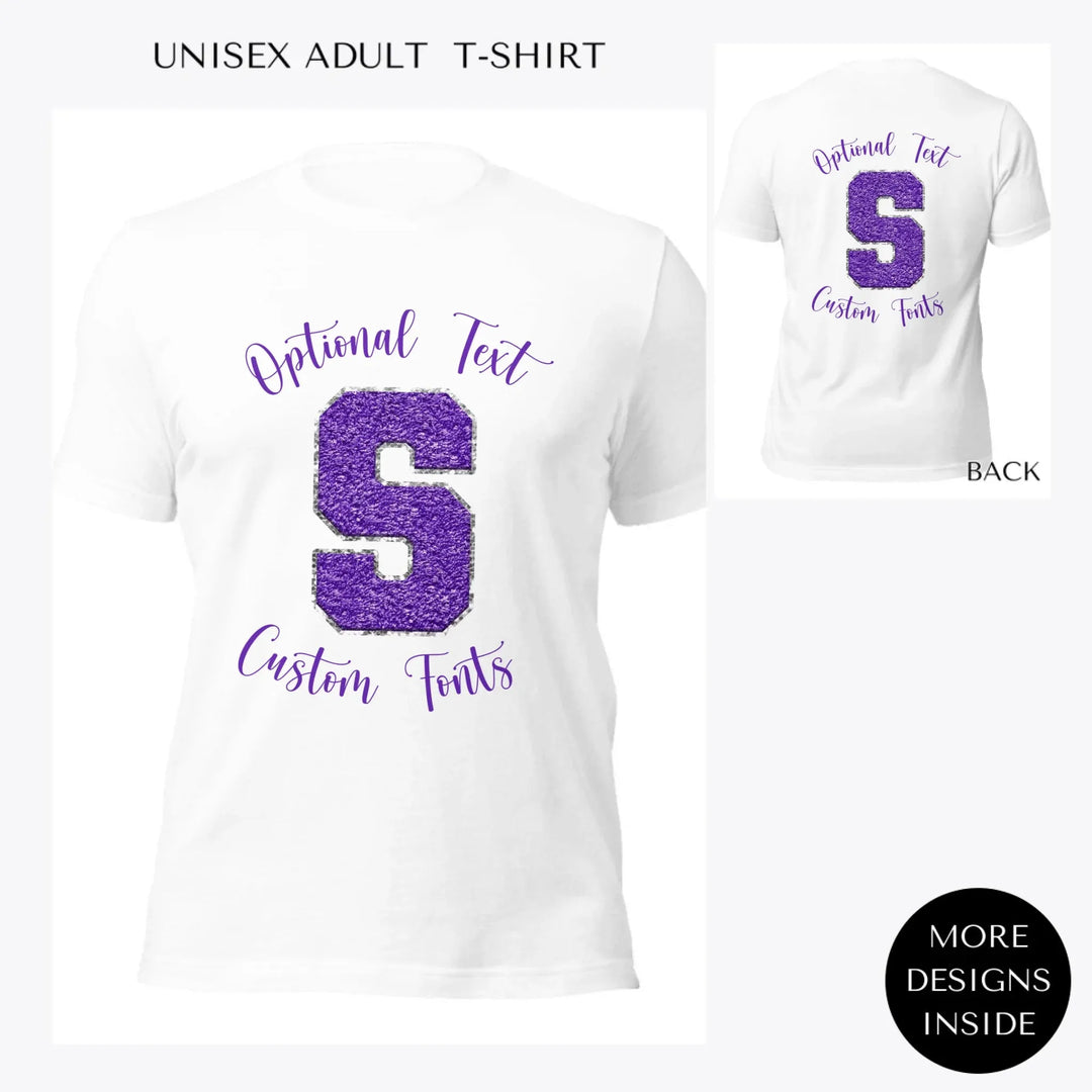 Faux-Chenille-Varsity-Letter-Initial- custom-women-unisex-adult-t-shirt-artfulane