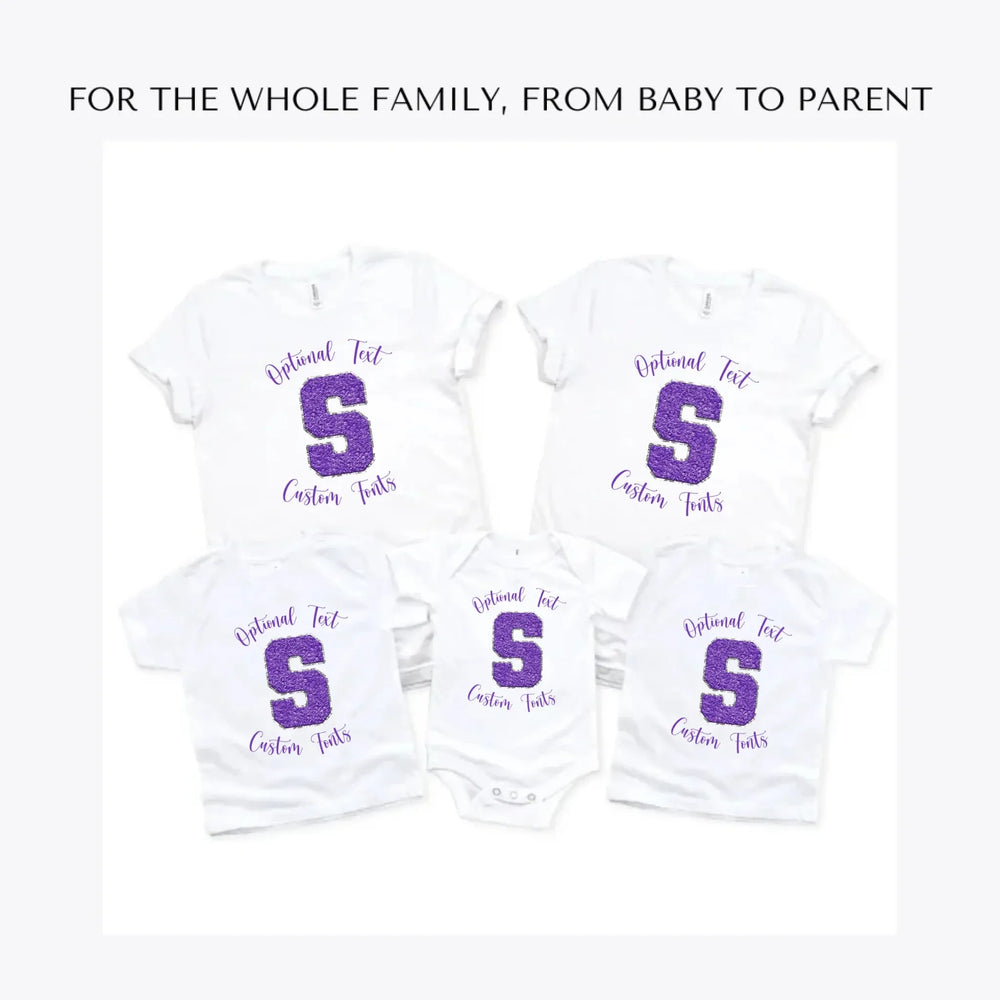 Faux-Chenille-Varsity-Letter-Initial- custom-t-shirts-adult-youth-toddler-baby-sizes-artfulane