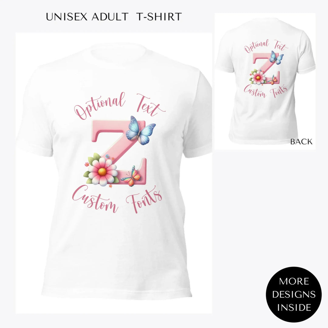 Flowers-and-Butterflies-Letter-Initial-custom-women-unisex-adult-t-shirt-artfulane