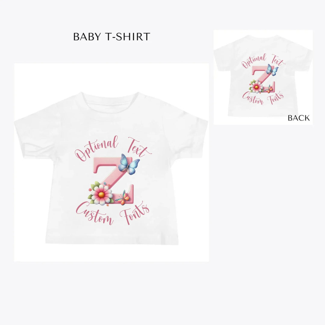 Flowers-and-Butterflies-Letter-Initial-custom-baby-t-shirt-artfulane