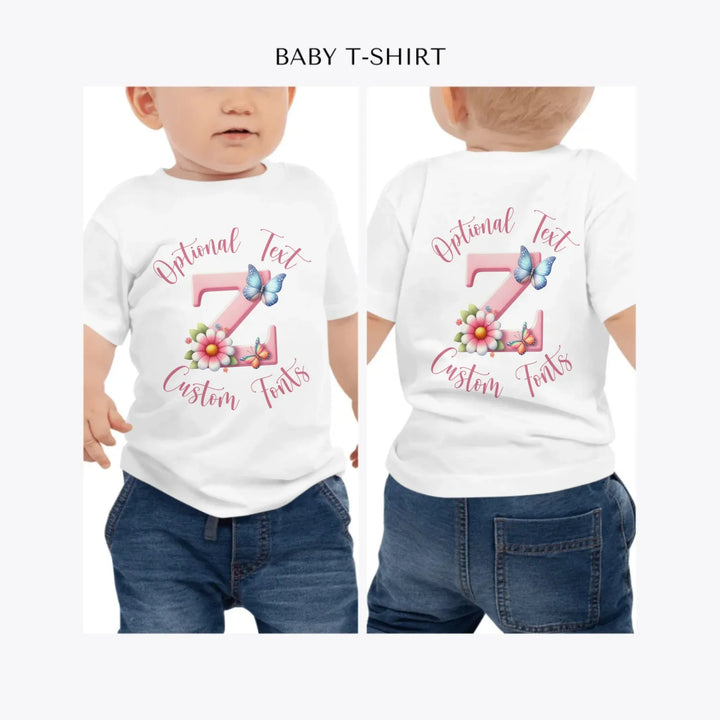 Flowers-and-Butterflies-Letter-Initial-personalized-baby-t-shirt-artfulane