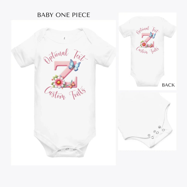 Flowers-and-Butterflies-Letter-Initial-custom-baby-onesie-artfulane