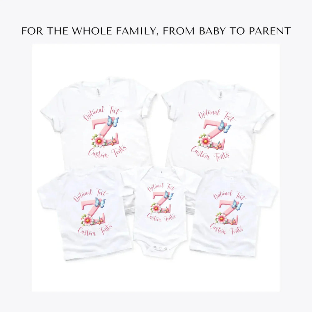Flowers-and-Butterflies-Letter-Initial-custom-t-shirts-adult-youth-toddler-baby-sizes-artfulane