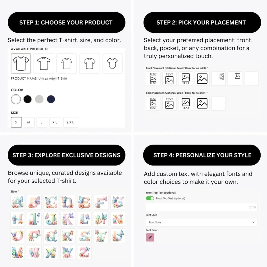how-to-design-custom-Flowers-and-Butterflies-Letter-Initial-t-shirt-personalization-options-artfulane