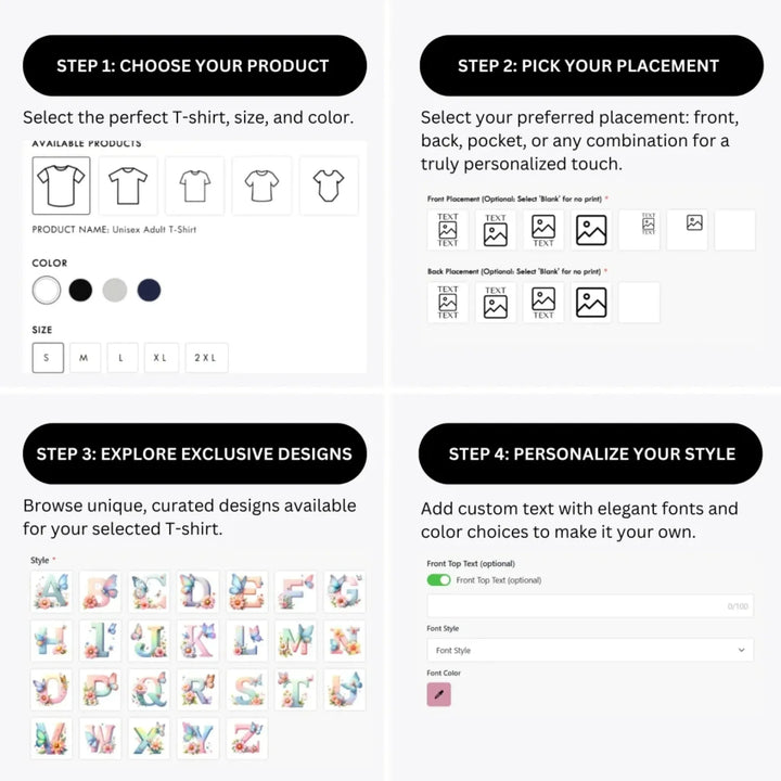 how-to-design-custom-Flowers-and-Butterflies-Letter-Initial-t-shirt-personalization-options-artfulane