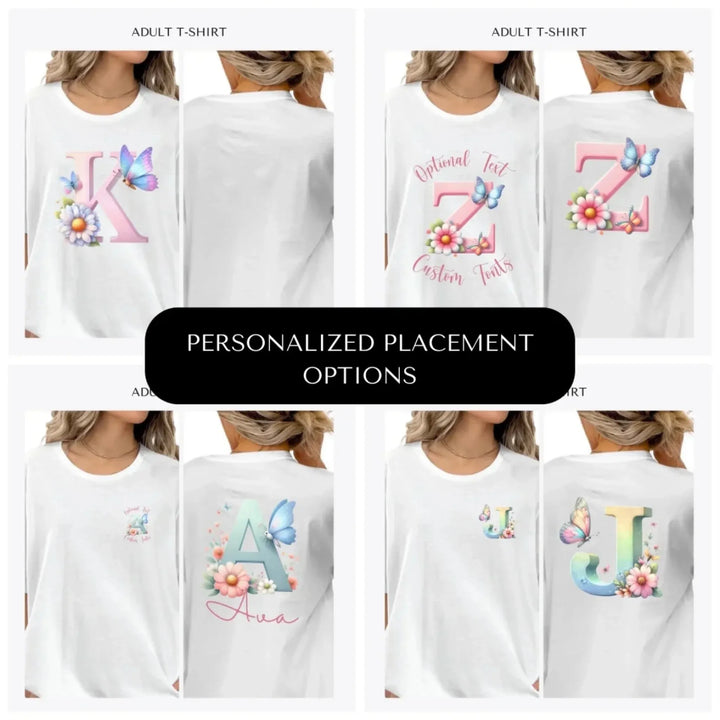 Flowers-and-Butterflies-Letter-Initial-custom-adult-t-shirt-design-placement-front-back-pocket-artfulane