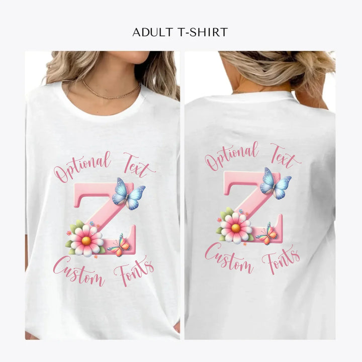 Flowers-and-Butterflies-Letter-Initial-personalized-women-unisex-adult-t-shirt-artfulane