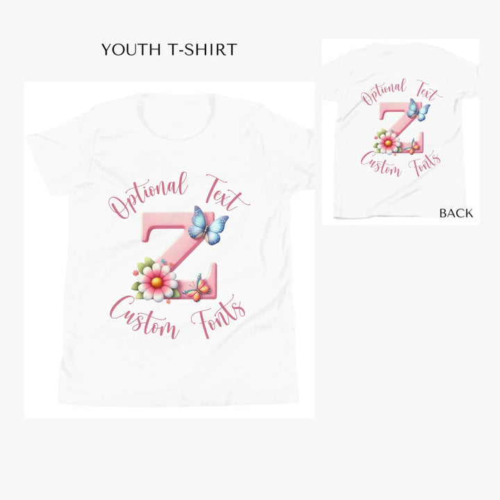 Flowers-and-Butterflies-Letter-Initial-custom-youth-t-shirt-artfulane
