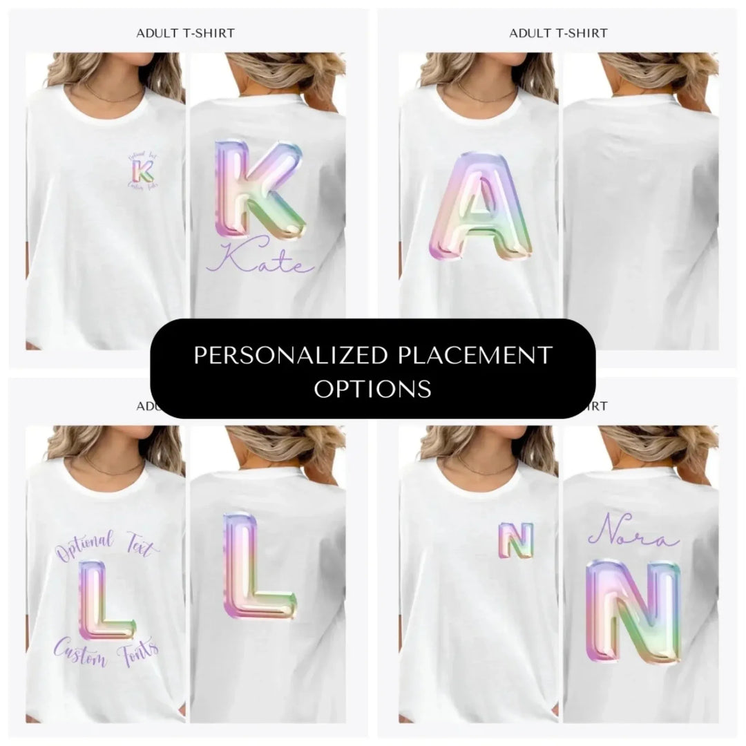 Foil-Balloon-Rainbow-Letter-custom-adult-t-shirt-design-placement-front-back-pocket-artfulane