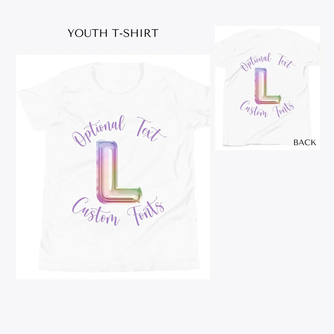 Foil-Balloon-Rainbow-Letter-custom-youth-t-shirt-artfulane