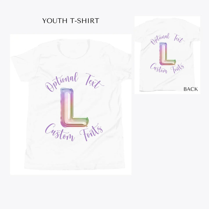 Foil-Balloon-Rainbow-Letter-custom-youth-t-shirt-artfulane