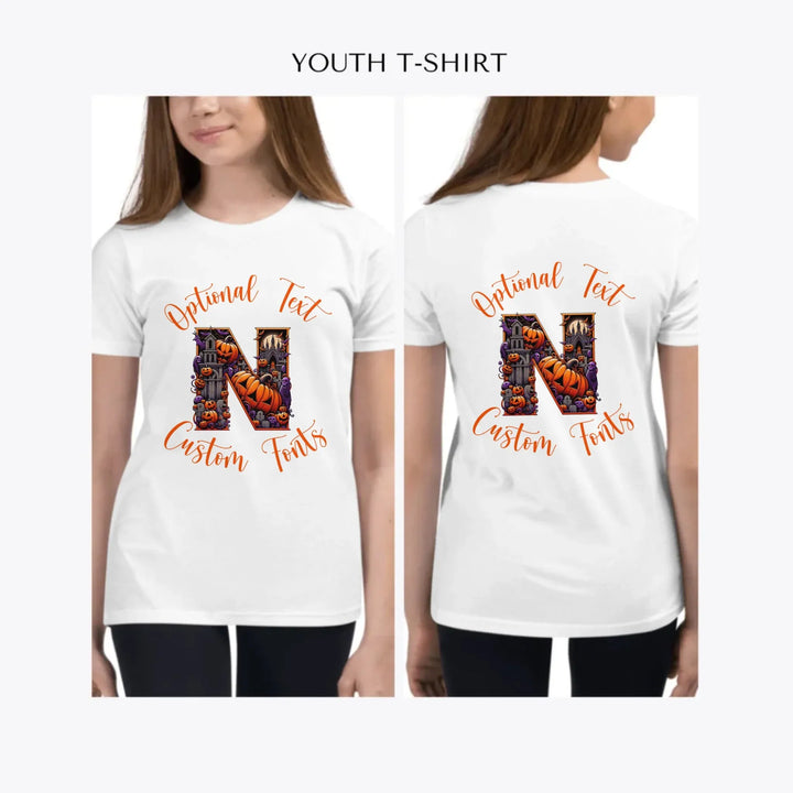 Halloween-Letter-Initial-custom-youth-girl-t-shirt-artfulane