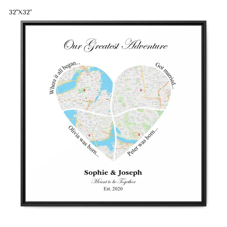 Custom Heart Shaped Four Location Map - ARTFULANE