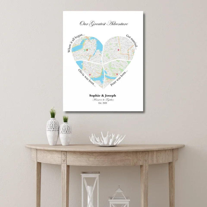 Custom Heart Shaped Four Location Map - ARTFULANE