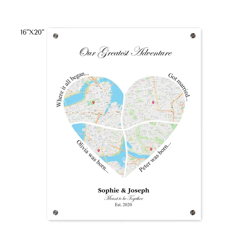 Custom Heart Shaped Four Location Map - ARTFULANE