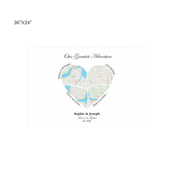 Custom Heart Shaped Four Location Map - ARTFULANE