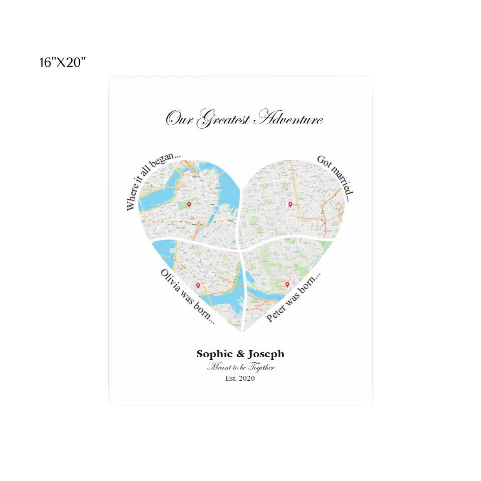 Custom Heart Shaped Four Location Map - ARTFULANE