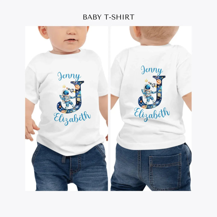 Astronaut-Space-Initial-personalized-baby-t-shirt-artfulane