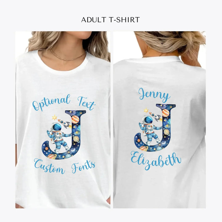 Astronaut-Space-Initial-personalized-women-unisex-adult-t-shirt-artfulane