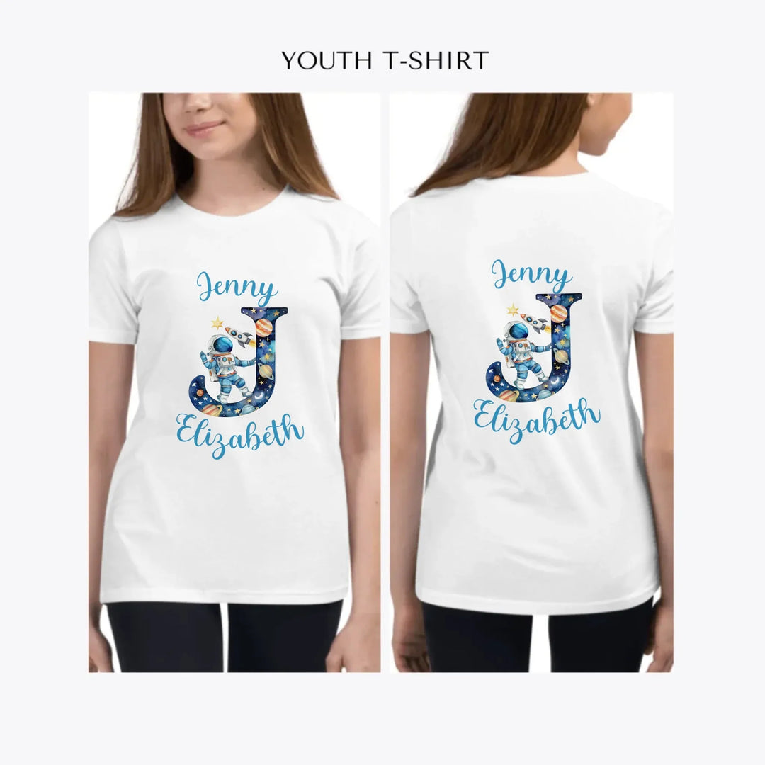 Astronaut-Space-Initial-custom-youth-girl-t-shirt-artfulane