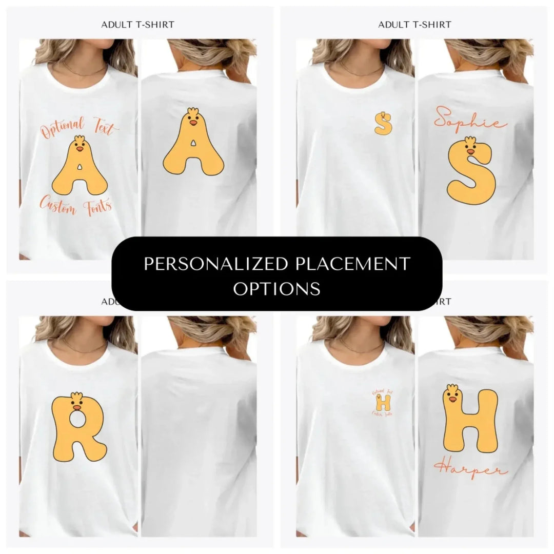 Yellow-Duck-Letter-Initial-custom-adult-t-shirt-design-placement-front-back-pocket-artfulane