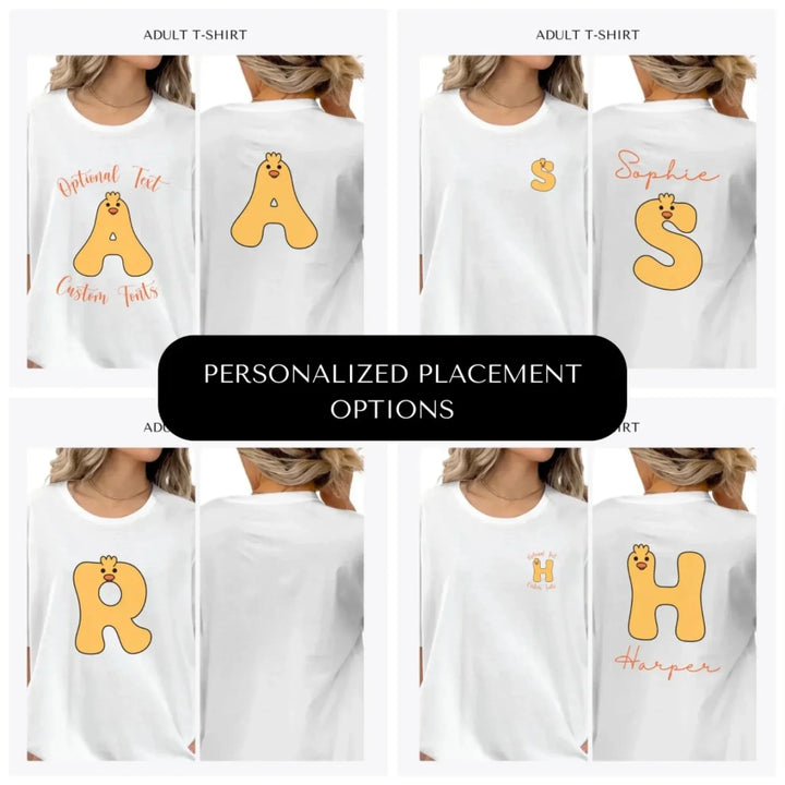 Yellow-Duck-Letter-Initial-custom-adult-t-shirt-design-placement-front-back-pocket-artfulane