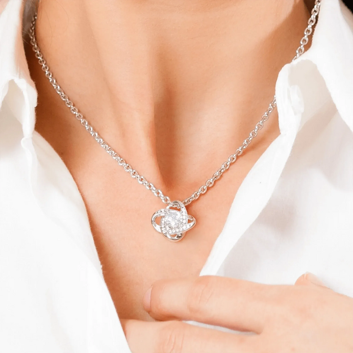 Custom-Love-Knot-Necklace-on-woman-artfulane