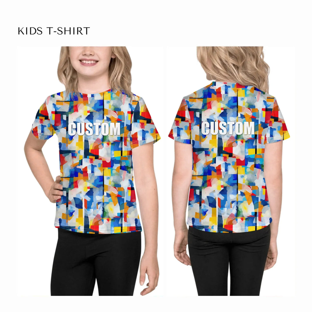 Custom-Modern-Geometric-Abstract-all-over-print-unisex-kids-crew-neck-t-shirt-on-model-front-and-back-artfulane