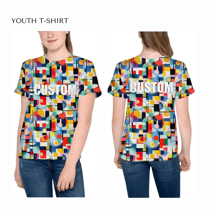 Custom-Modern-Geometric-Abstract-all-over-print-unisex-youth-crew-neck-t-shirt-on-girl-front-and-back-artfulane