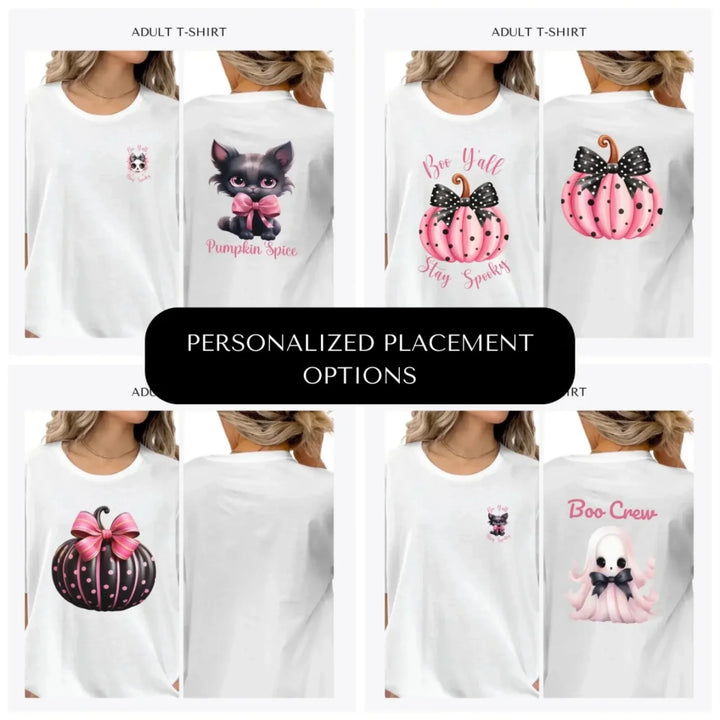 Pink-Halloween-Coquette-Bow-custom-adult-t-shirt-design-placement-front-back-pocket-artfulane