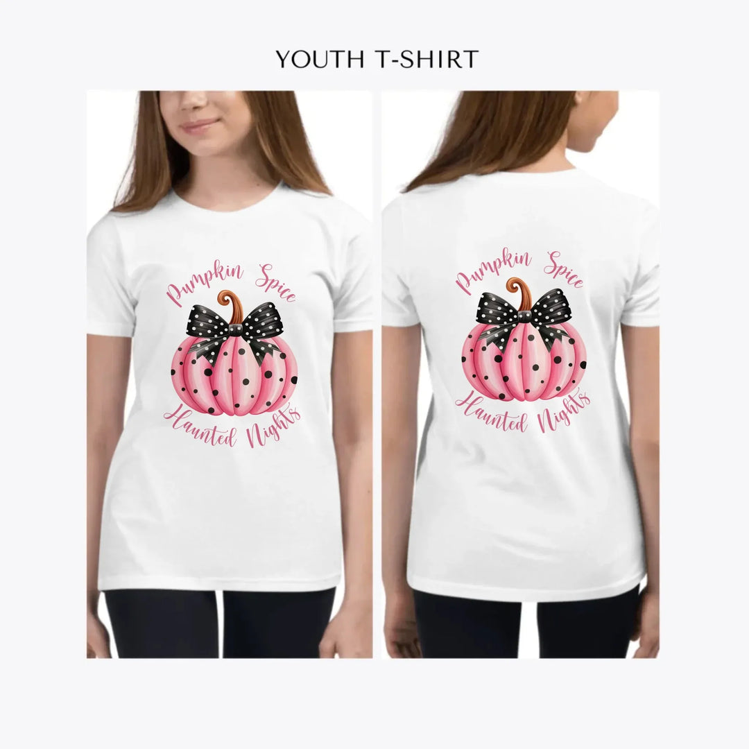 Pink-Halloween-Coquette-Bow-custom-youth-girl-t-shirt-artfulane