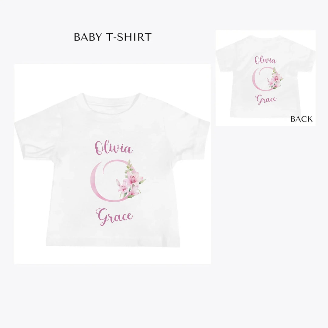 Pink-Lily-Initial-custom-baby-t-shirt-artfulane